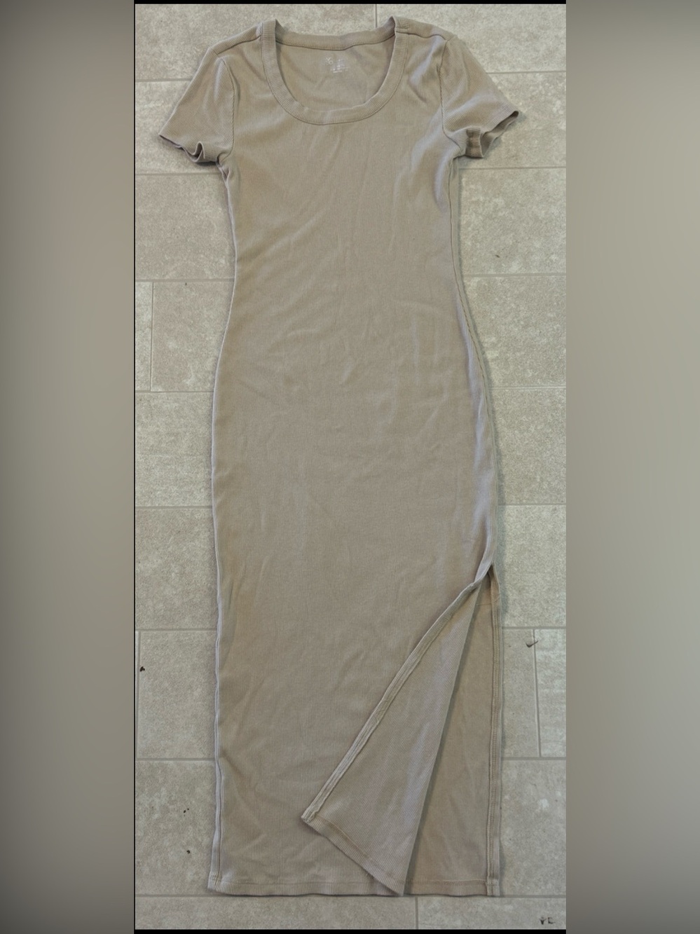 No Boundaries Tan Ribbed Stretch Bodycon Slit Dress Crew Neck Short Sleeve XS